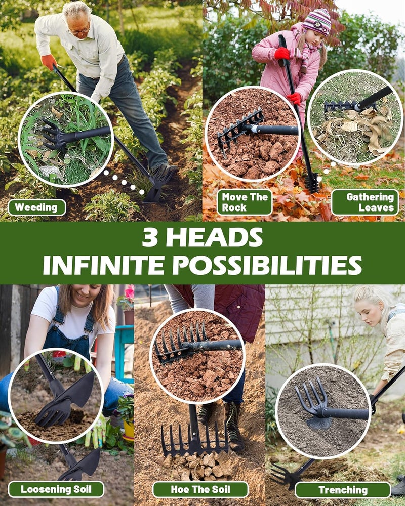 HIPULX 5-in-1 Garden Hoe - Adjustable 37" to 50" Handle, 5 Tool Heads, Heavy-Duty Weeding, Cultivating, and Raking Tool for Gardening, Camping, and Outdoor Use - Image 3